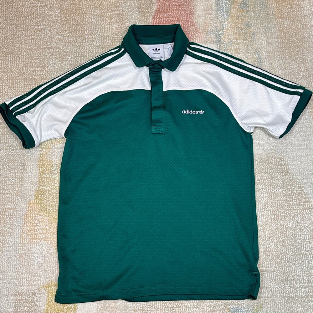 Adidas Polo Shirt Mens Small Green White 3 Stripes Short Sleeve Golf Athletic